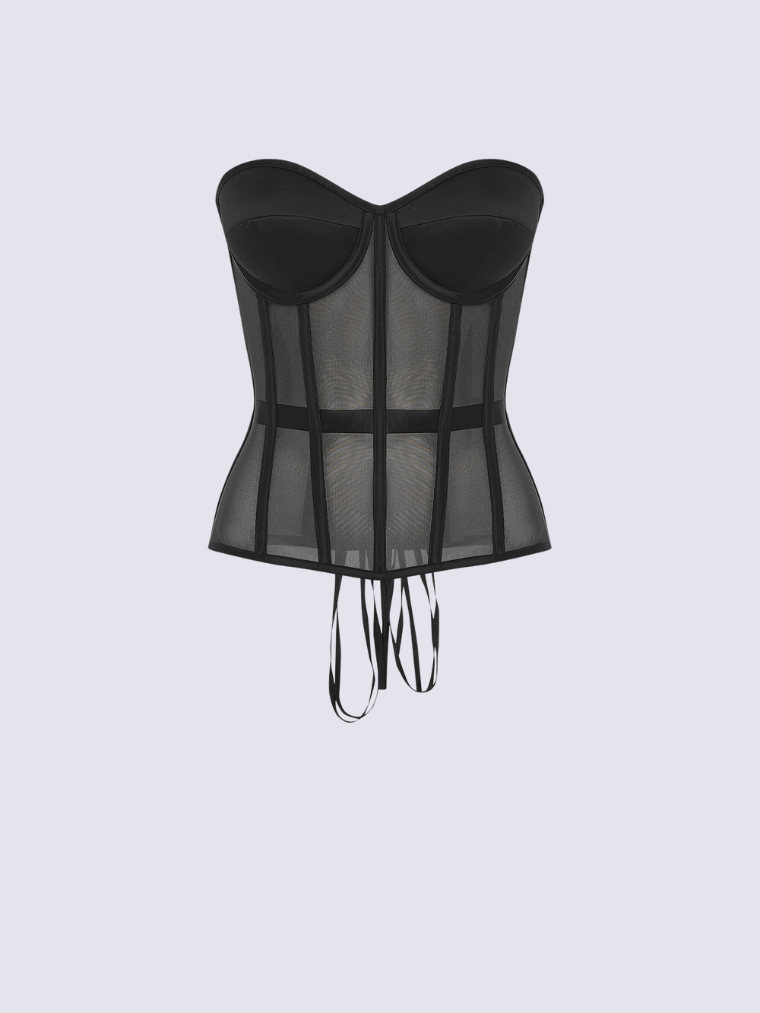 Precious Closet Sheer Mesh Boned Lace Up Corset Bustier Top