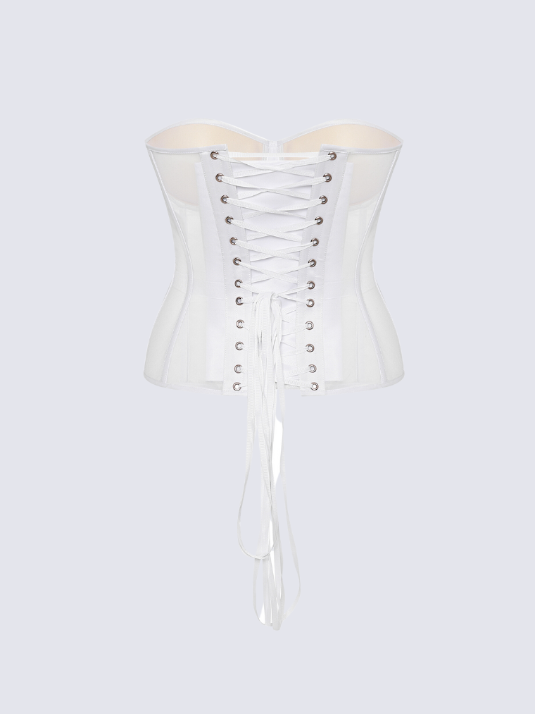 Precious Closet Sheer Mesh Boned Lace Up Corset Bustier Top